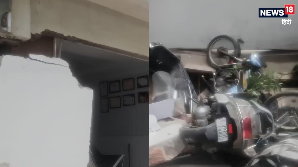 देखते ही देखते कानपुर की हार्मनी सोसाइटी का टेढ़ा हुआ पिलर, नीचे खड़ी गाड़ियां चकनाचूर